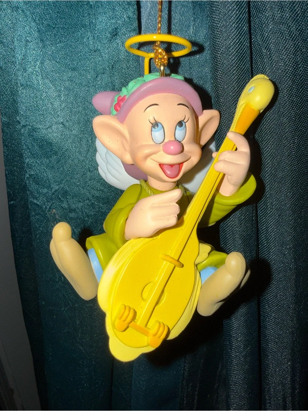 Yellow Musical Elf Ornament with Guitar - Holiday Decoration